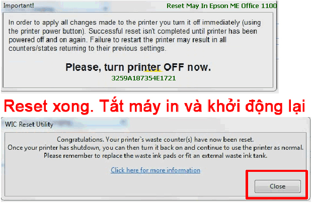 Reset mực thải máy in Epson ME Office 1100 bằng key wicreset