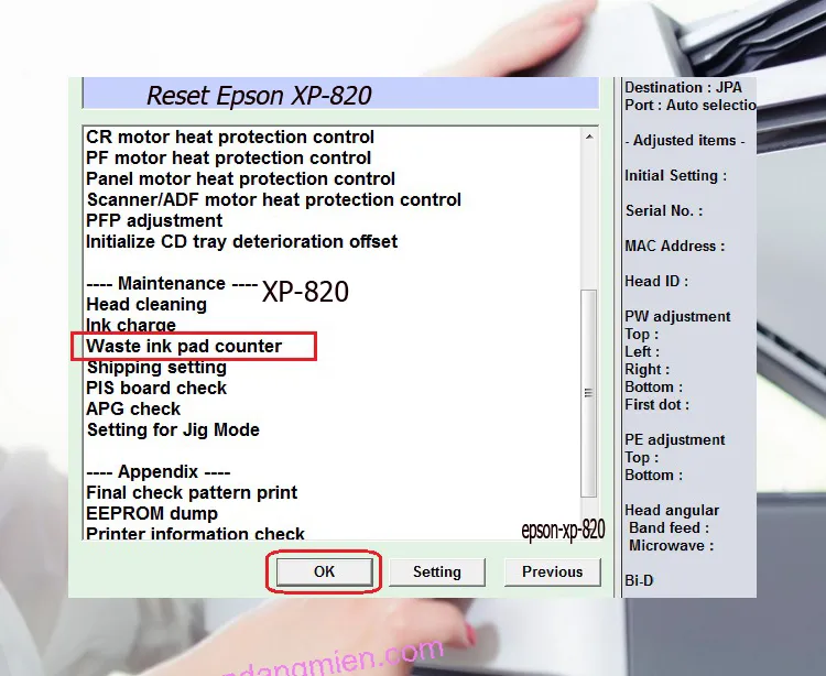 phần mềm Reset Epson XP-820