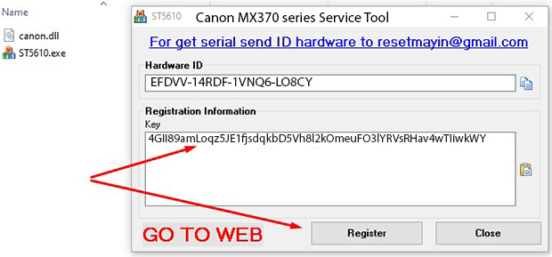 Key kích hoạt Phần mềm Reset Canon MX370 series