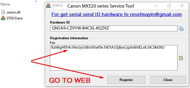 Key kích hoạt Phần mềm Reset Canon MX520 series