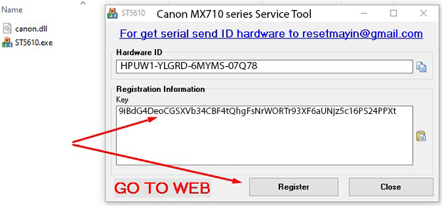Key kích hoạt Phần mềm Reset Canon MX710 series